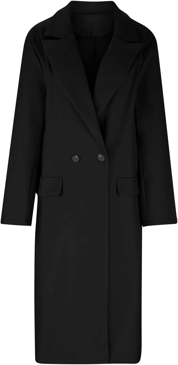 Wkishenl Women Elegant Lapel Collar Double Breasted Trench Coat Winter Wool Blend Long Jackets Casual Long Sleeve Pea Coat