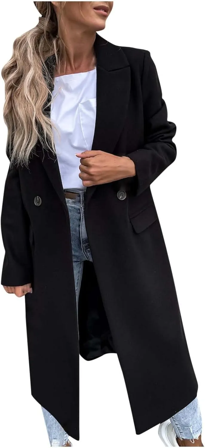 Wkishenl Women Elegant Lapel Collar Double Breasted Trench Coat Winter Wool Blend Long Jackets Casual Long Sleeve Pea Coat