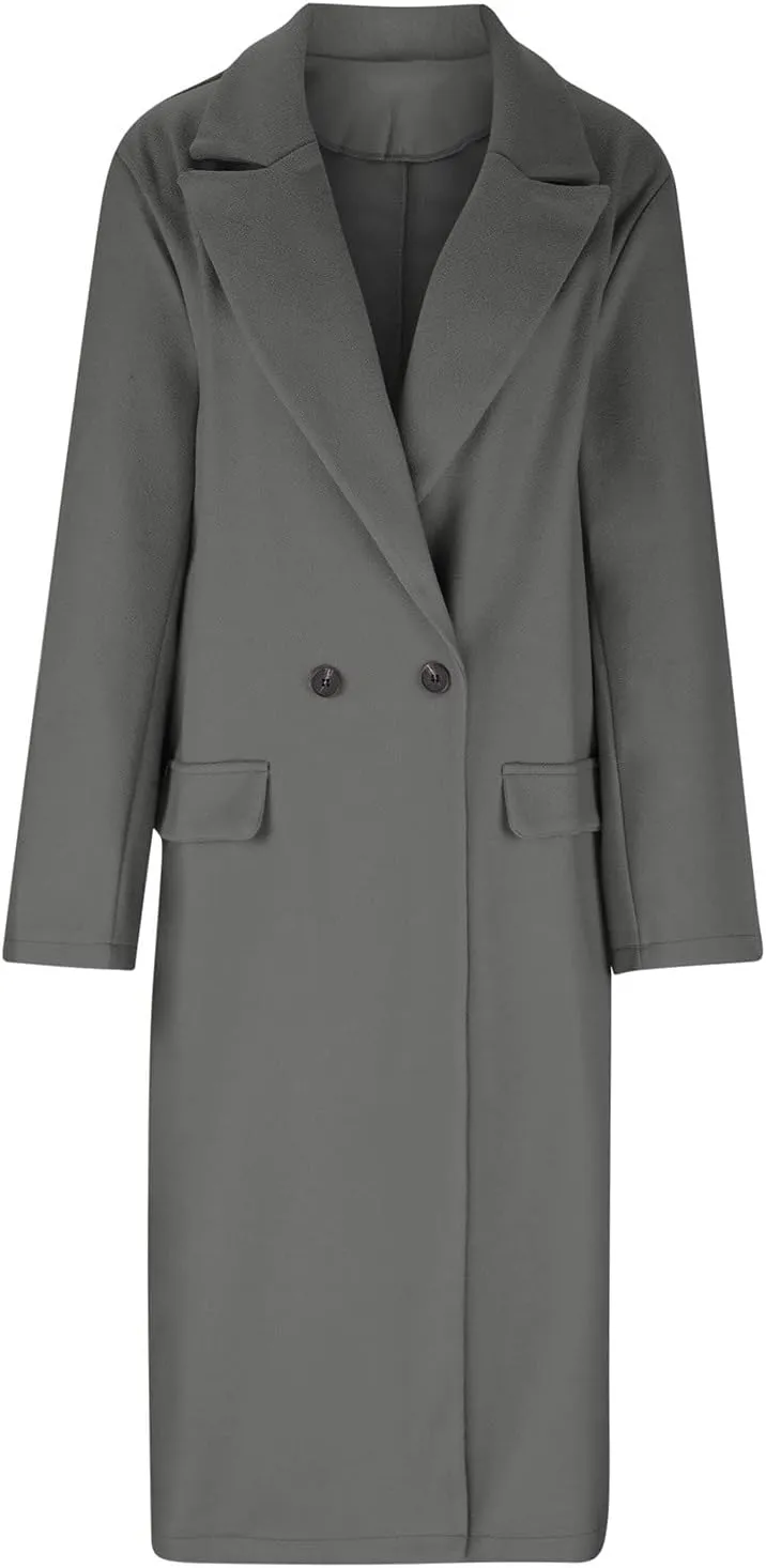 Wkishenl Women Elegant Lapel Collar Double Breasted Trench Coat Winter Wool Blend Long Jackets Casual Long Sleeve Pea Coat