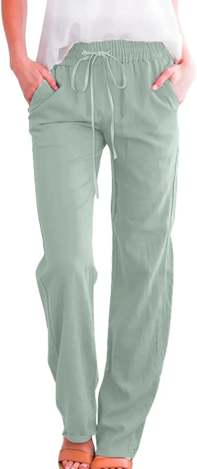 Women High Waisted Wide Leg Pants Casual Drawstring Elastic Trousers Comfy Straight Leg Long Pants with Pockets