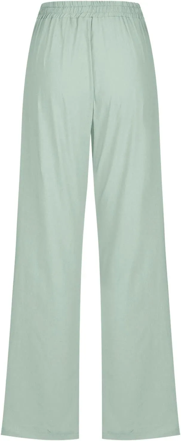 Women High Waisted Wide Leg Pants Casual Drawstring Elastic Trousers Comfy Straight Leg Long Pants with Pockets