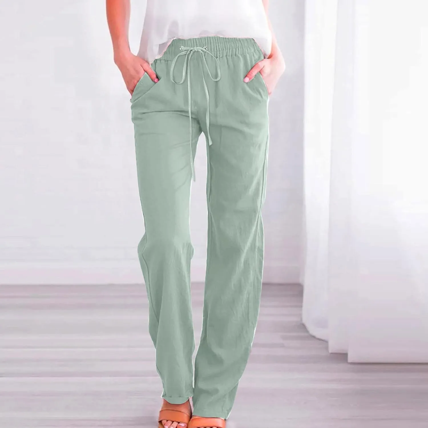 Women High Waisted Wide Leg Pants Casual Drawstring Elastic Trousers Comfy Straight Leg Long Pants with Pockets