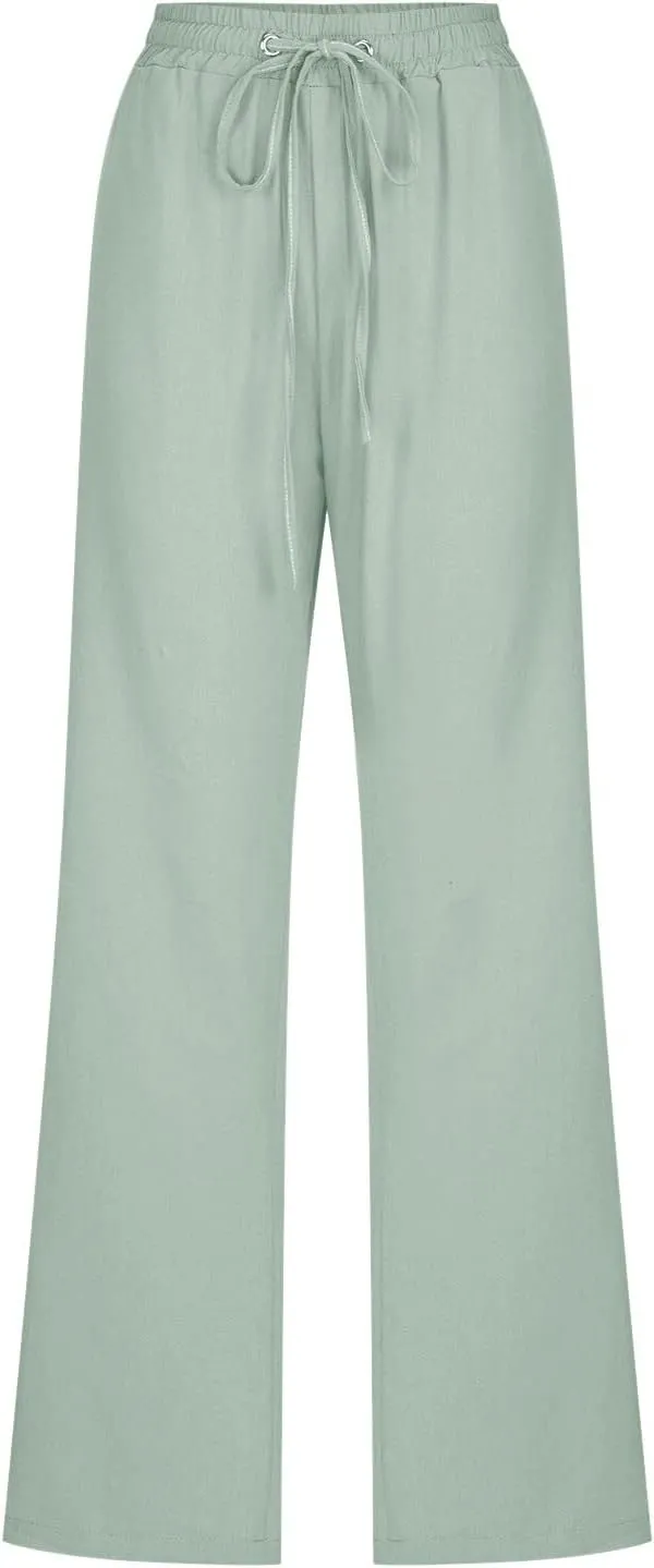 Women High Waisted Wide Leg Pants Casual Drawstring Elastic Trousers Comfy Straight Leg Long Pants with Pockets