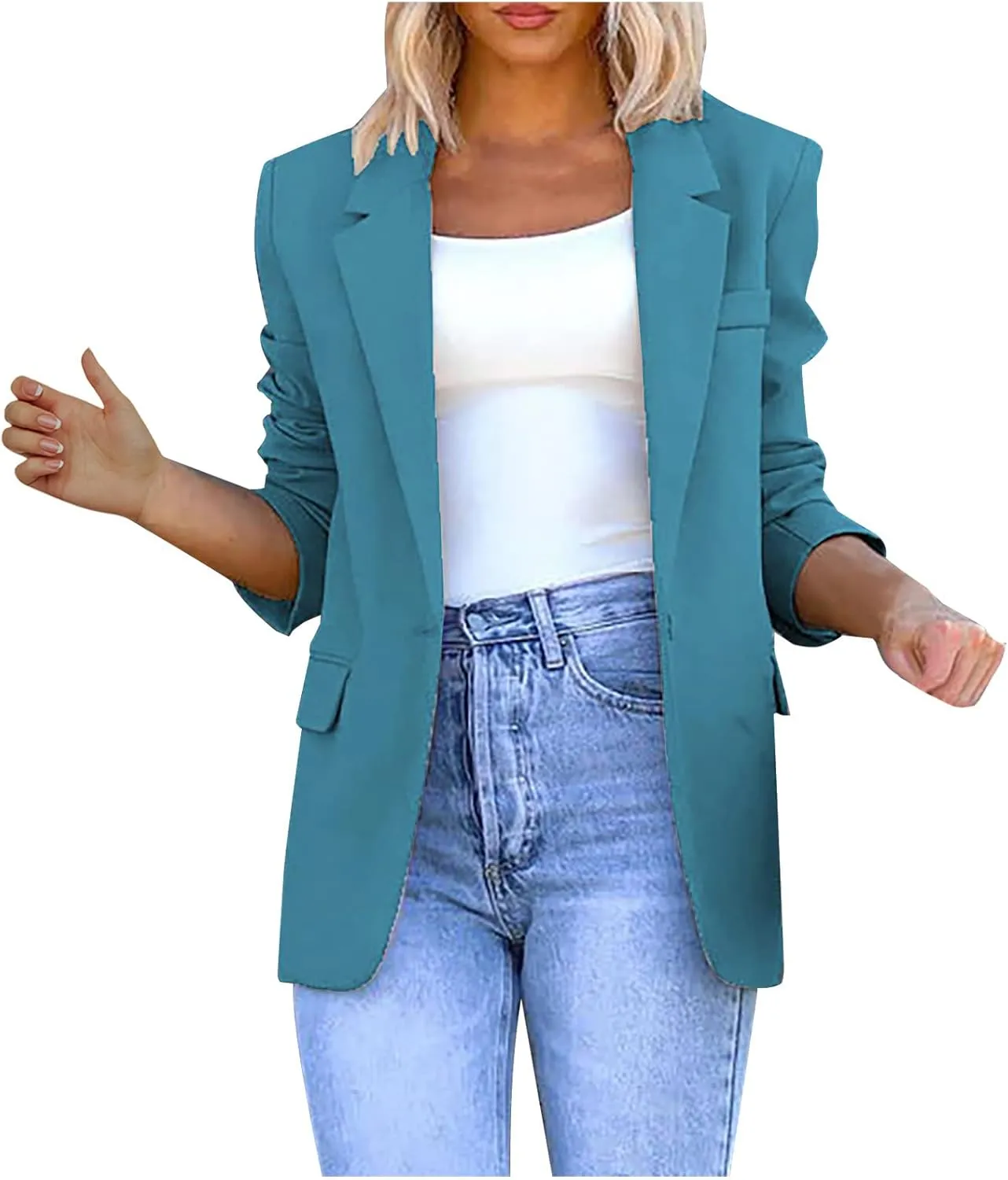 Womens Boyfriend Blazers Notched Lapel Open Front One Button Long Sleeve Suit Jackets Business Casual Loose Outfits