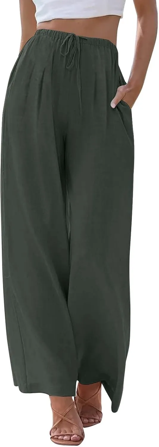 Womens Cotton Linen Pants Summer Wide Leg Palazzo Pants Flowy Beach Lounge Trousers Comfy Loose Slacks