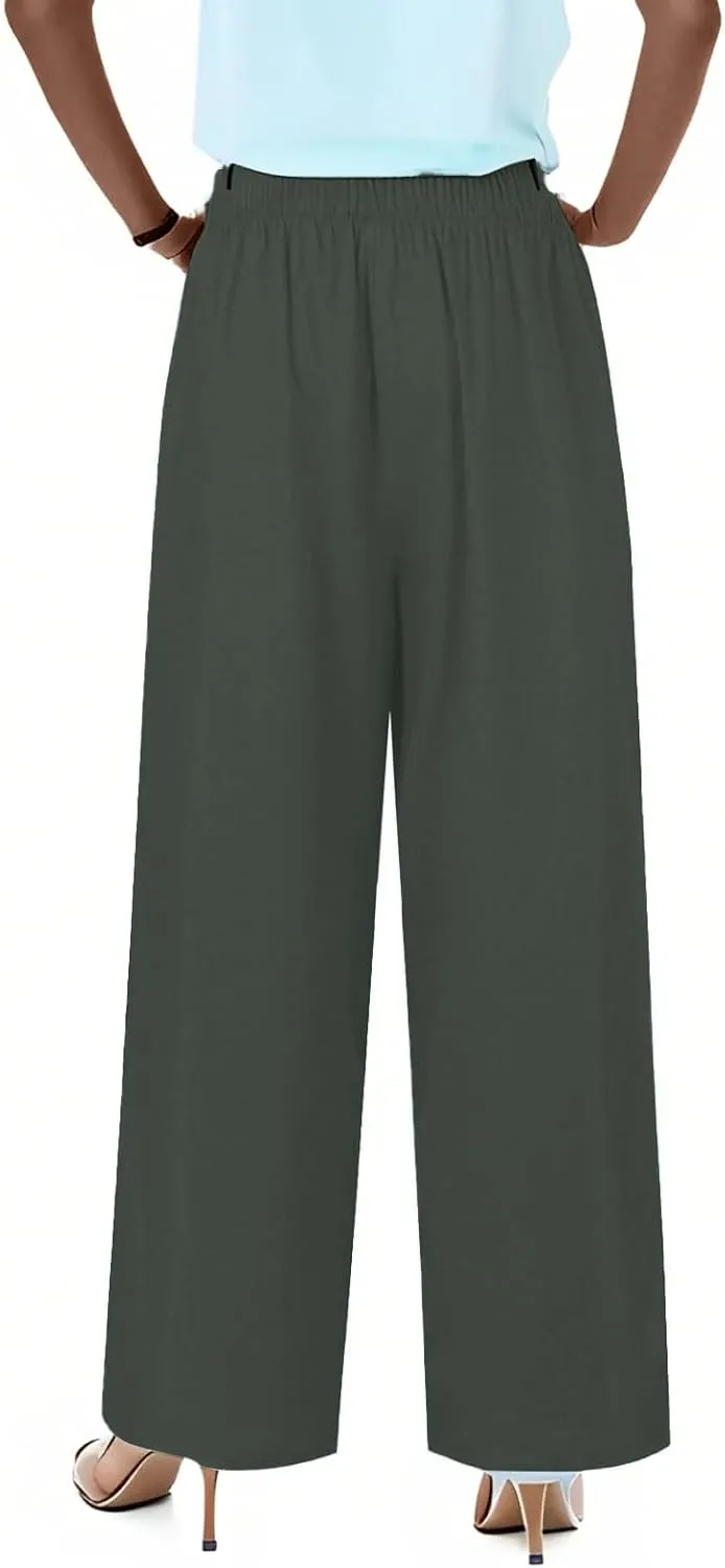 Womens Cotton Linen Pants Summer Wide Leg Palazzo Pants Flowy Beach Lounge Trousers Comfy Loose Slacks
