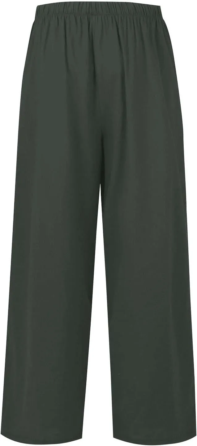 Womens Cotton Linen Pants Summer Wide Leg Palazzo Pants Flowy Beach Lounge Trousers Comfy Loose Slacks