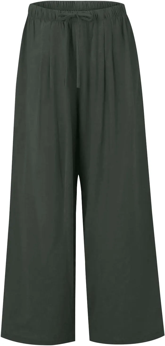 Womens Cotton Linen Pants Summer Wide Leg Palazzo Pants Flowy Beach Lounge Trousers Comfy Loose Slacks