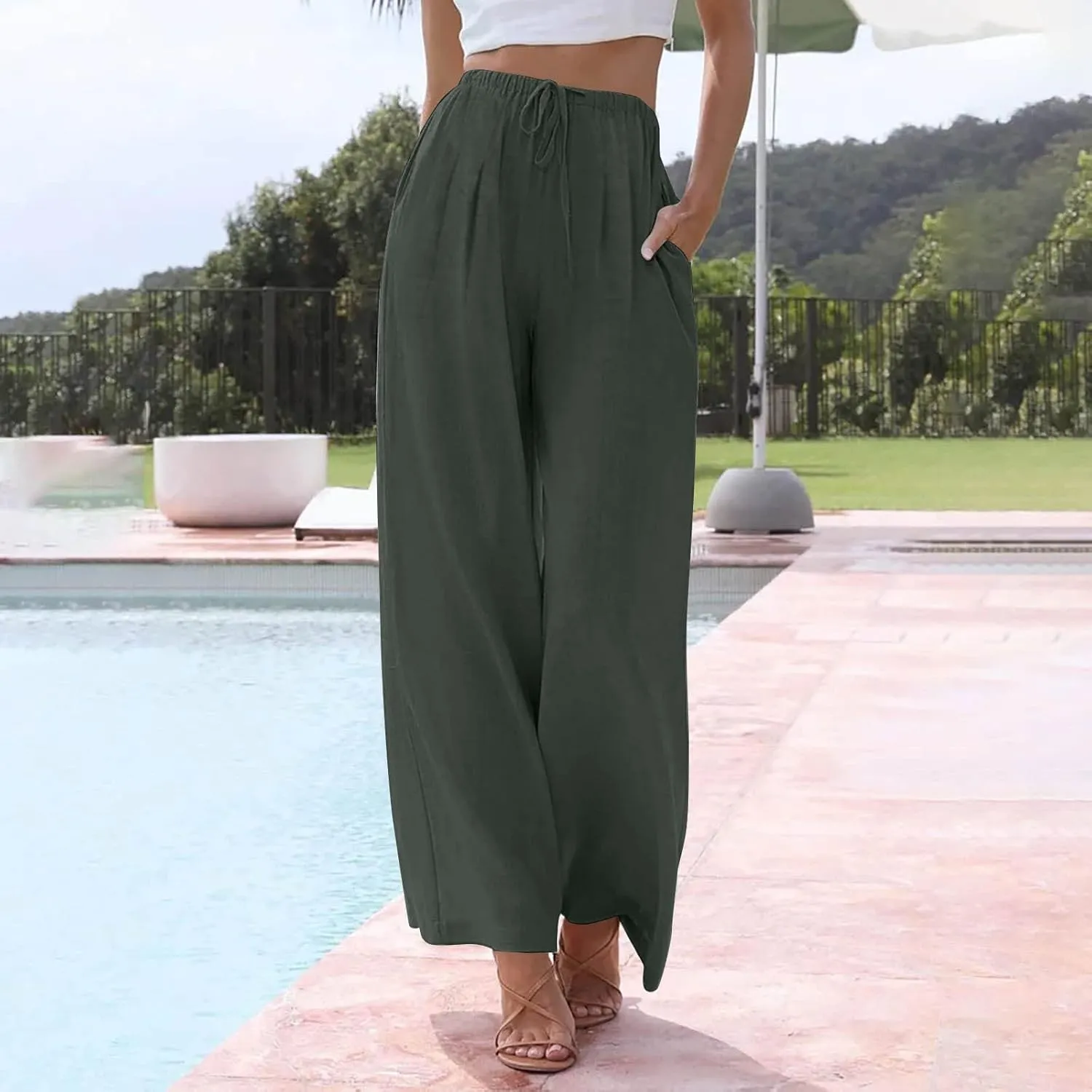 Womens Cotton Linen Pants Summer Wide Leg Palazzo Pants Flowy Beach Lounge Trousers Comfy Loose Slacks