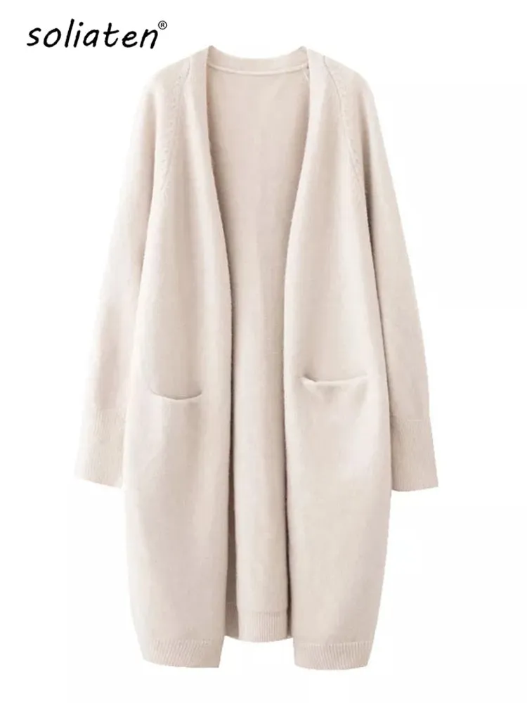 Womens Long Minimalist Cardigan with pockets.