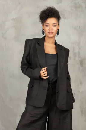 Women's Oversized Black Linen Blazer