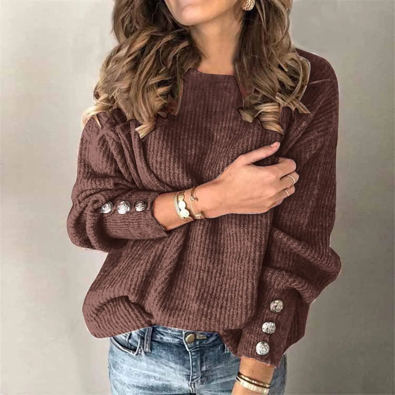 Women's Turtleneck Sweater Plus Size Ribbed Knit Pullover Sweater Tops Fall Trendy Solid Buttons Long Sleeve Sweater