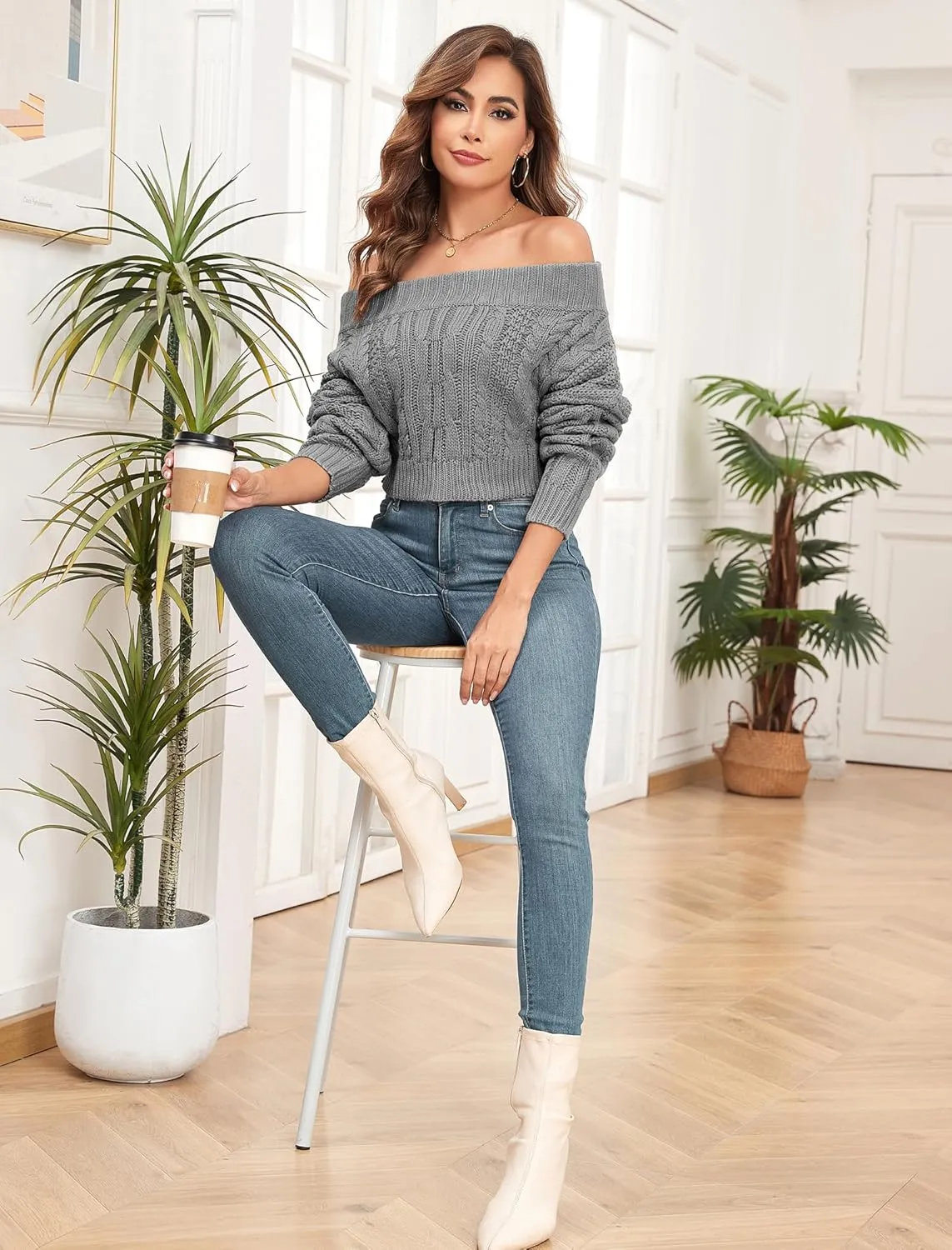 ZAFUL Women V Neck Button Knit Crop Sweaters Batwing Sleeve V Back Ribbed Hem Pullover Sweater