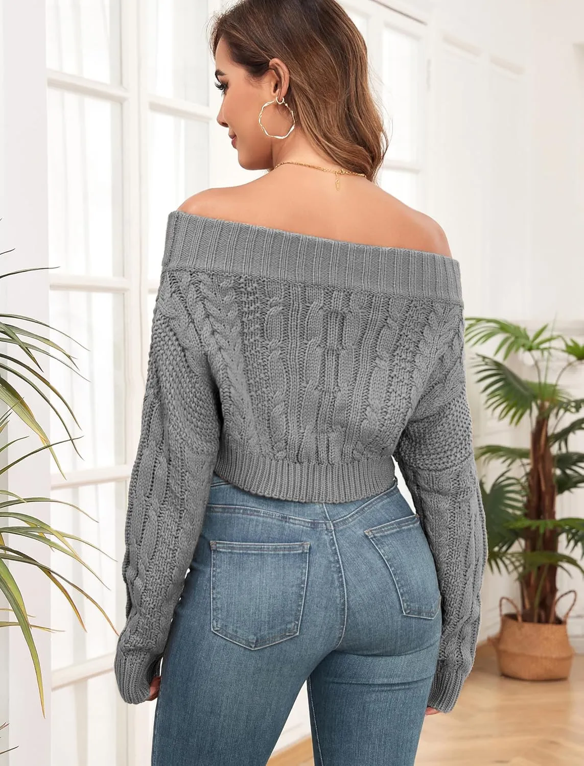 ZAFUL Women V Neck Button Knit Crop Sweaters Batwing Sleeve V Back Ribbed Hem Pullover Sweater
