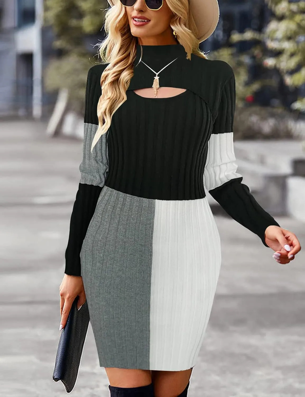 Zilcremo Women Long Sleeve Mock Neck Knit Stretch Slim Cutout Pullover Sweater Ribbed Bodycon Mini Sweater Dress