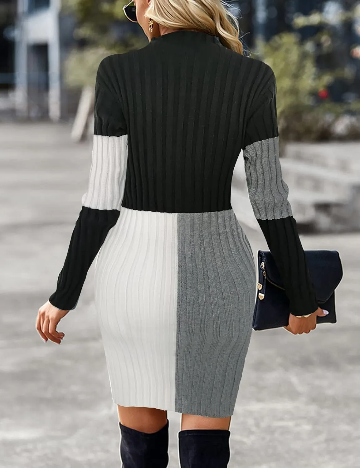 Zilcremo Women Long Sleeve Mock Neck Knit Stretch Slim Cutout Pullover Sweater Ribbed Bodycon Mini Sweater Dress